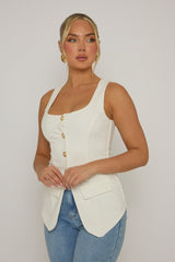 White Gold Button Detail Longline Waistcoat - Isidora
