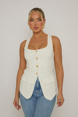 White Gold Button Detail Longline Waistcoat - Isidora