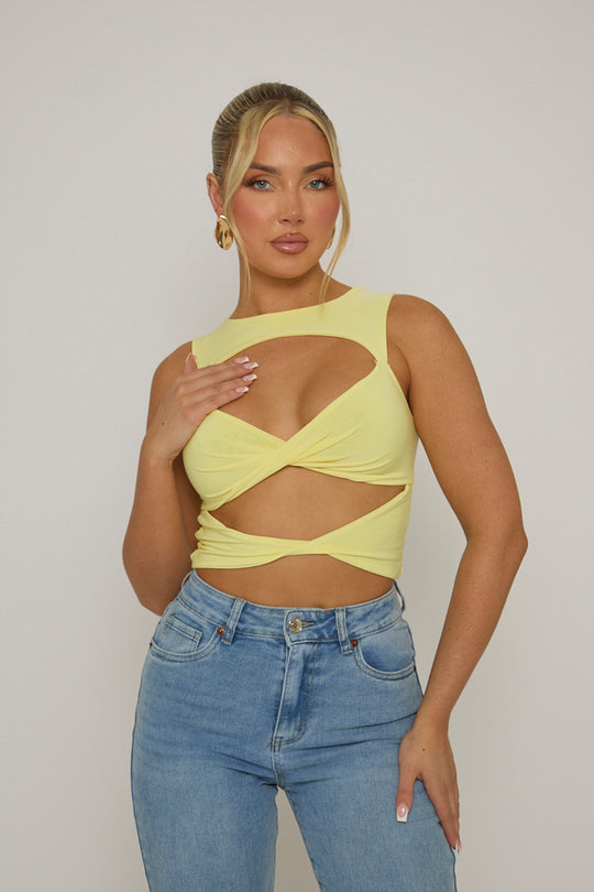 Butter Yellow Twist Front Cut Out Top - Sonia