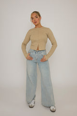 Oatmeal Rib Button Front Top - Helena