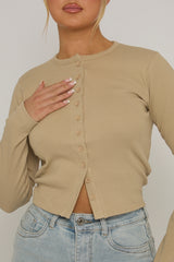 Oatmeal Rib Button Front Top - Helena