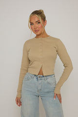 Oatmeal Rib Button Front Top - Helena