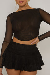 Black Lace Tiered Ruffle Mini Skirt - Aldina