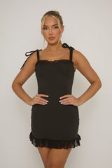 Black Ruffle Hem Tie Shoulder Mini Dress - Carol