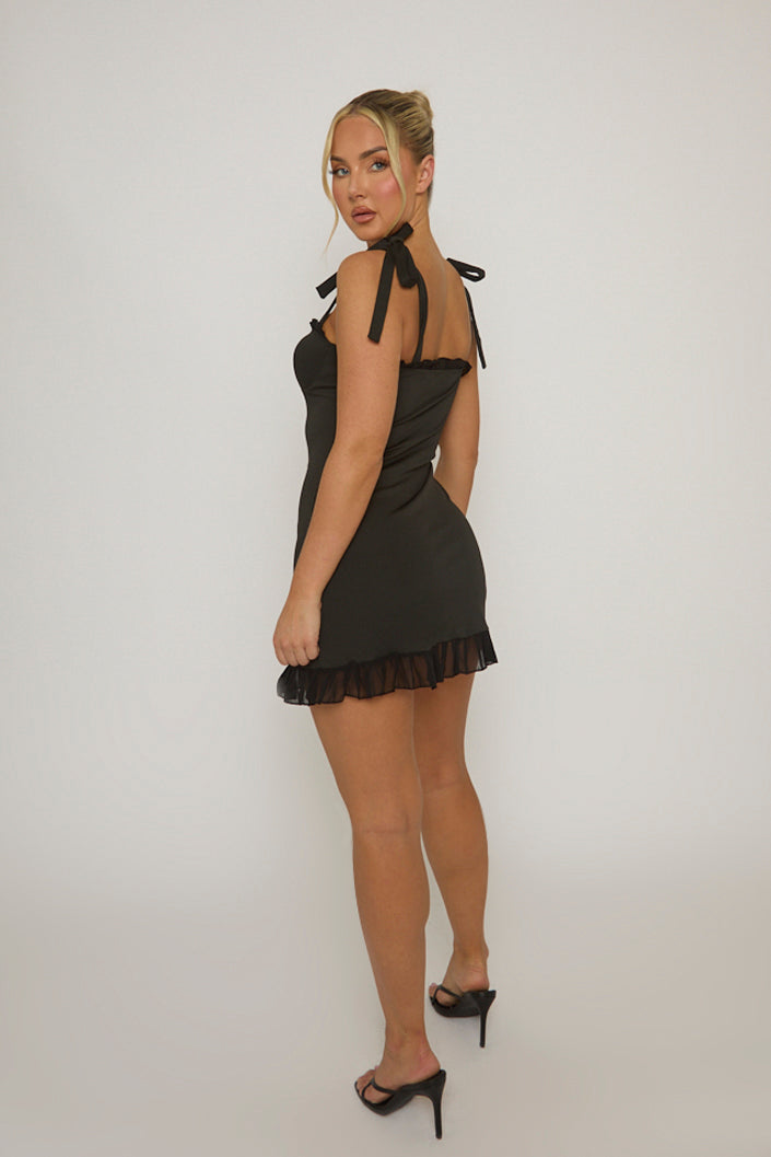 Black Ruffle Hem Tie Shoulder Mini Dress - Carol