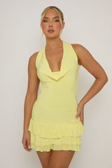 Butter Yellow Cowl Front Ruffle Mini Dress - Marcela