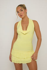 Butter Yellow Cowl Front Ruffle Mini Dress - Marcela