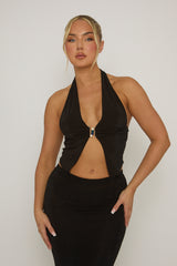 Black Plunge Bead Trim Top - Arlette