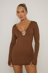 Chocolate Gold Trim Plunge Mini Dress - Briar
