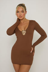 Chocolate Gold Trim Plunge Mini Dress - Briar