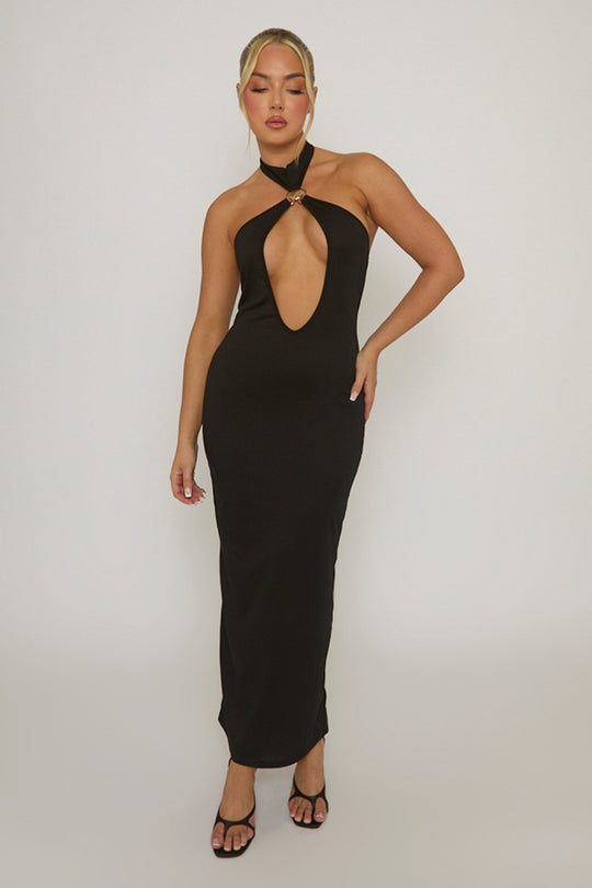 Black Cut Out Shell Trim Halter Maxi Dress - Audrey