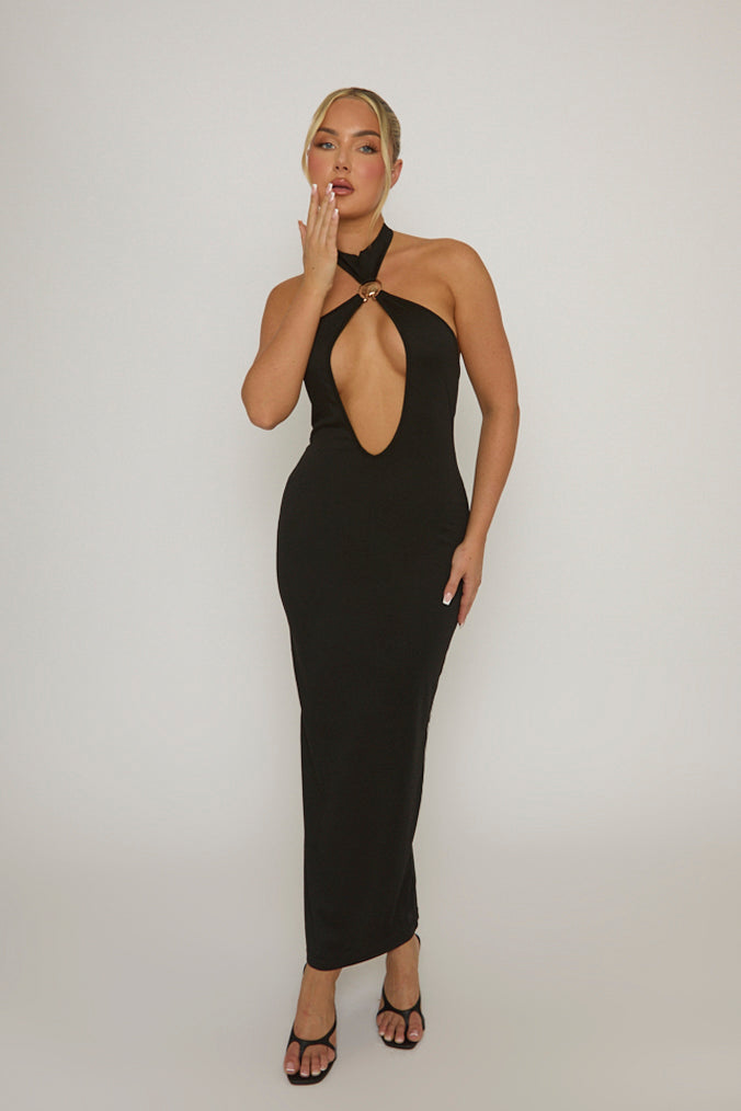 Black Cut Out Shell Trim Halter Maxi Dress - Audrey