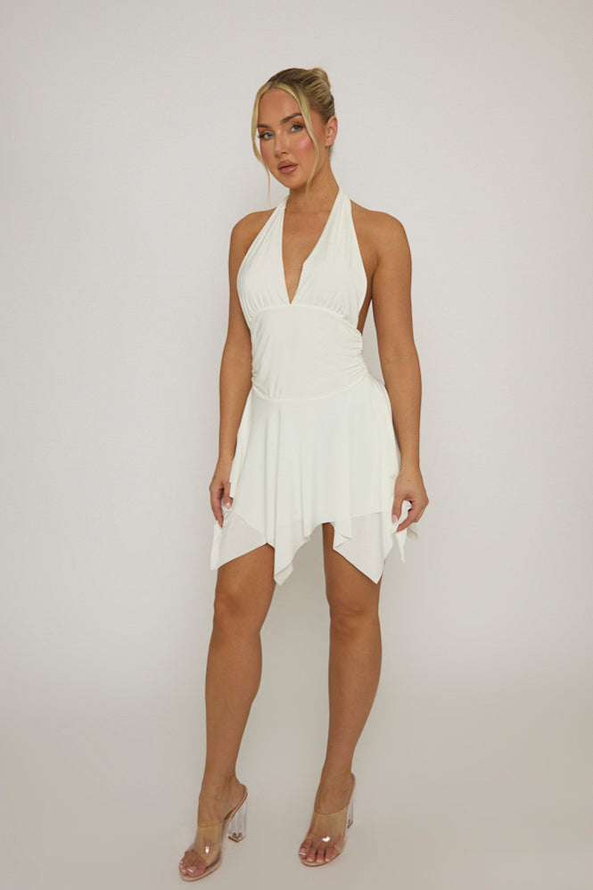 White Halterneck Hanky Hem Mini Dress -  Jacira