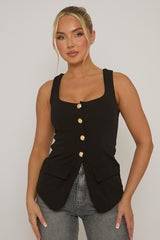 Black Gold Button Detail Longline Waistcoat - Isidora