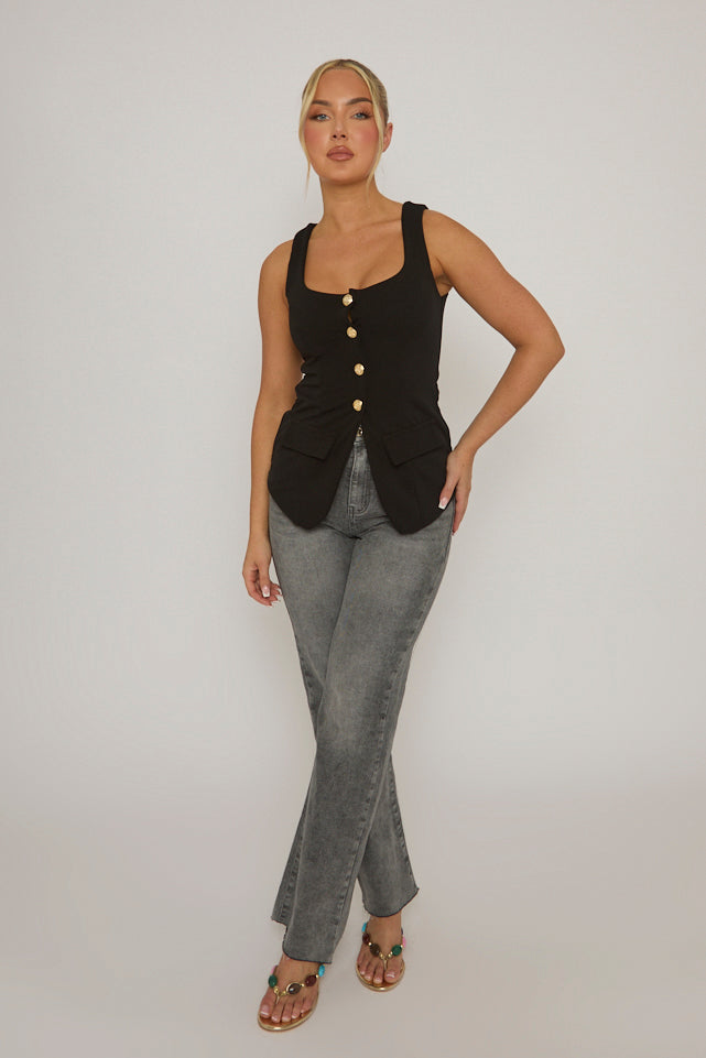 Black Gold Button Detail Longline Waistcoat - Isidora
