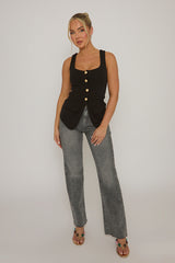 Black Gold Button Detail Longline Waistcoat - Isidora