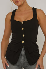 Black Gold Button Detail Longline Waistcoat - Isidora