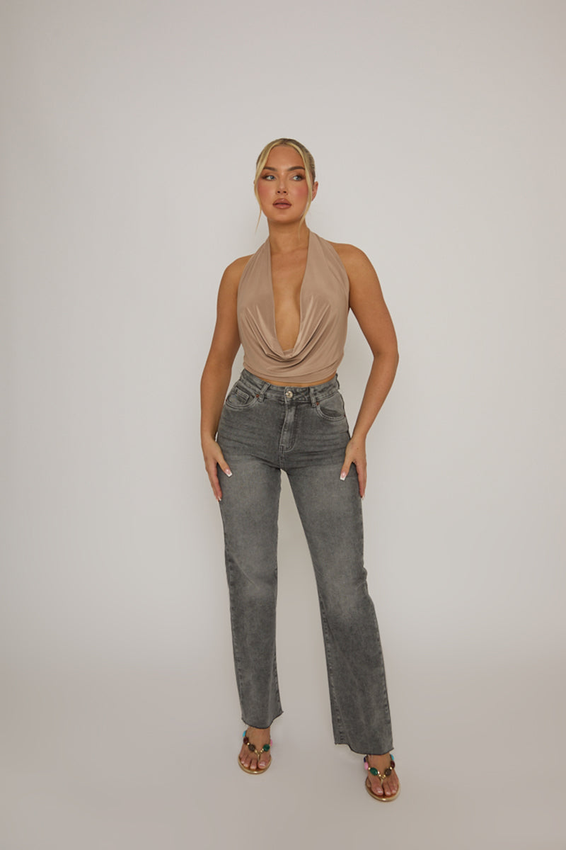 Taupe Plunge Halter Neck Top - Micah