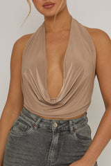 Taupe Plunge Halter Neck Top - Micah