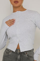 Grey Marl Rib Button Front Top - Helena