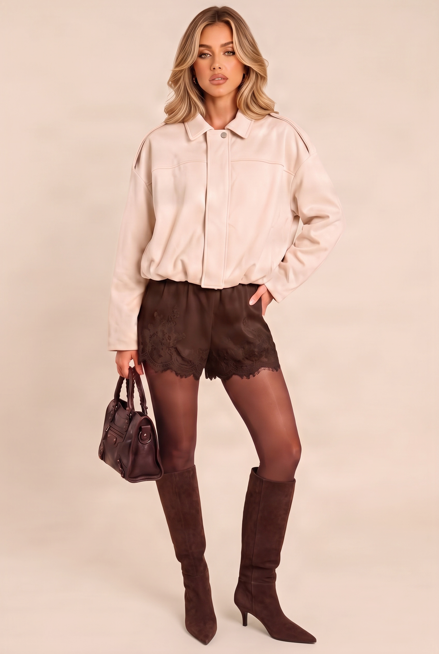 Cream Suede Bomber Jacket - Imane