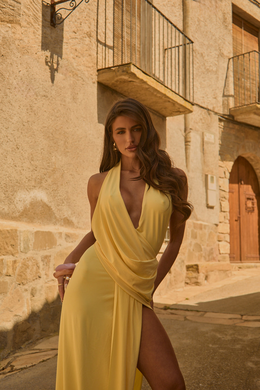 Yellow Split Hem Drape Maxi Dress - Arleen