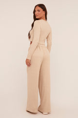 Beige Rib Knit Long Sleeve Top & Wide Leg Trouser Co-ord Set - Damia