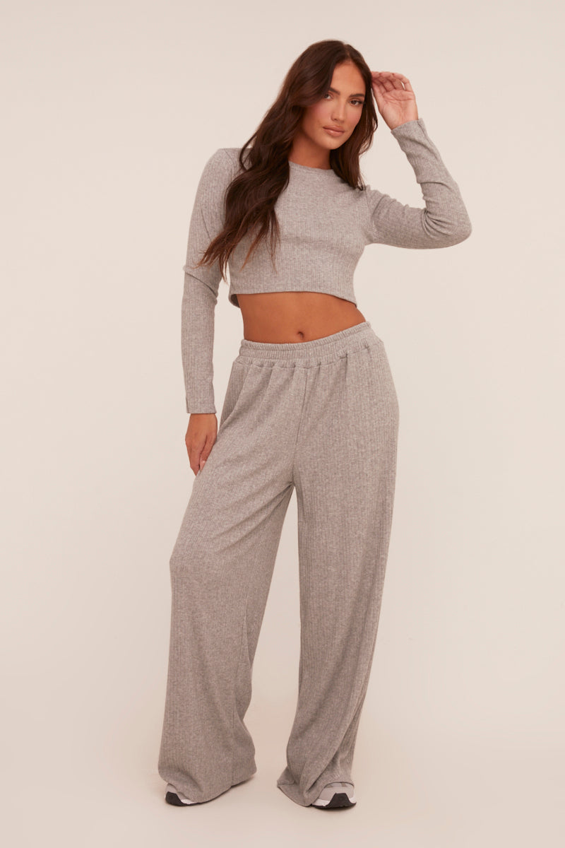 Grey Rib Knit Long Sleeve Top & Wide Leg Trouser Co-ord Set - Damia