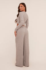 Grey Rib Knit Long Sleeve Top & Wide Leg Trouser Co-ord Set - Damia