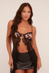 Black Lace Leopard Print Longline Top - Lian
