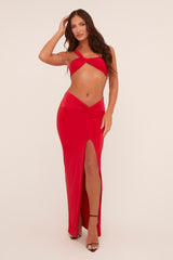 Red One Shoulder Crop Top & Twist Detail Maxi Skirt Co-ord Set - Kacie