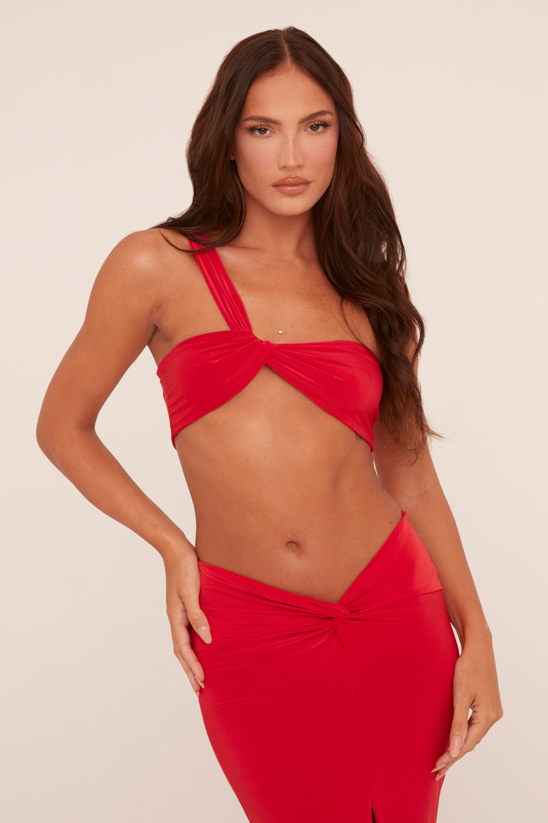Red One Shoulder Crop Top & Twist Detail Maxi Skirt Co-ord Set - Kacie
