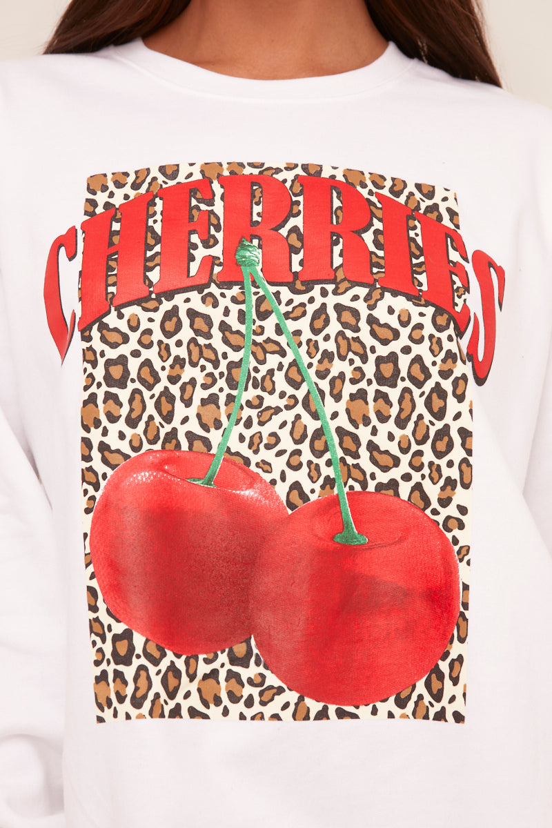 White Cherry Print Oversized Sweatshirt Mini Dress - Jerry