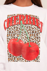 White Cherry Print Oversized Sweatshirt Mini Dress - Jerry