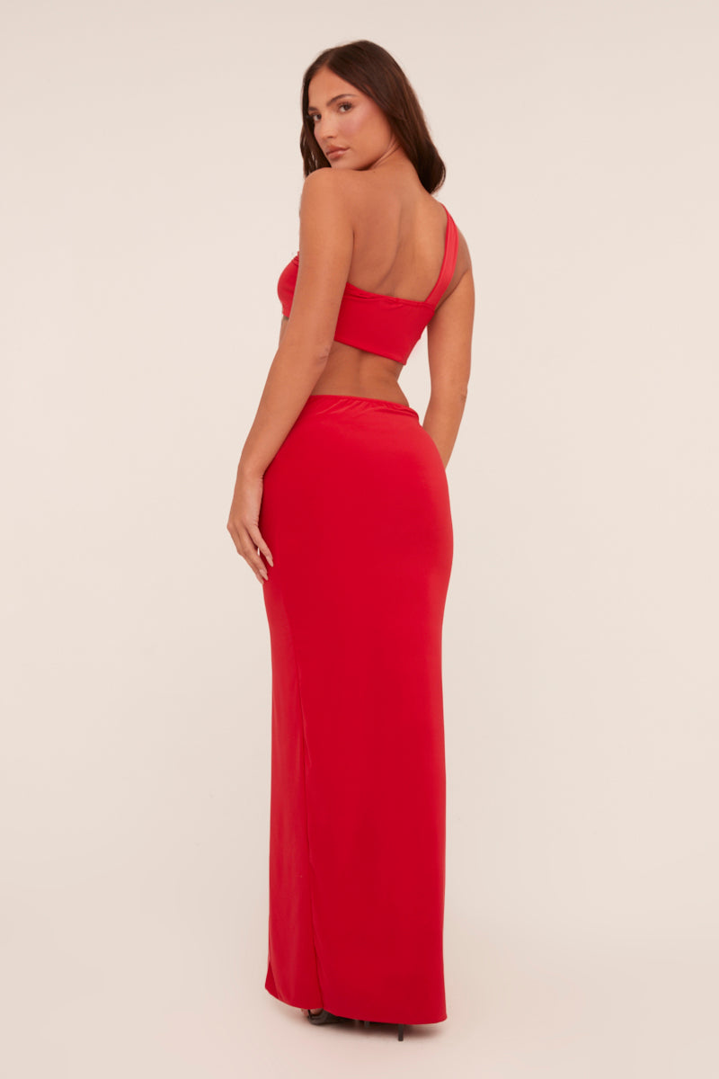 Red One Shoulder Crop Top & Twist Detail Maxi Skirt Co-ord Set - Kacie
