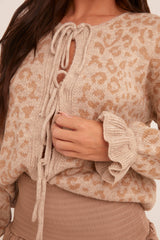 Beige Knit Leopard Print Tie Front Cardigan - Trinidy
