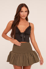 Khaki Shirring Detail Puffball Mini Skirt - Gracen
