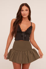 Khaki Shirring Detail Puffball Mini Skirt - Gracen