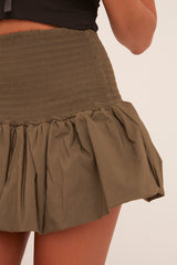 Khaki Shirring Detail Puffball Mini Skirt - Gracen