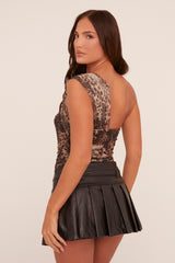 Beige Leopard Print Mesh One Shoulder Bodysuit - Jessiah