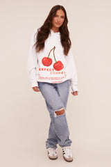 White Cherry Print Oversized Hoodie - Molly