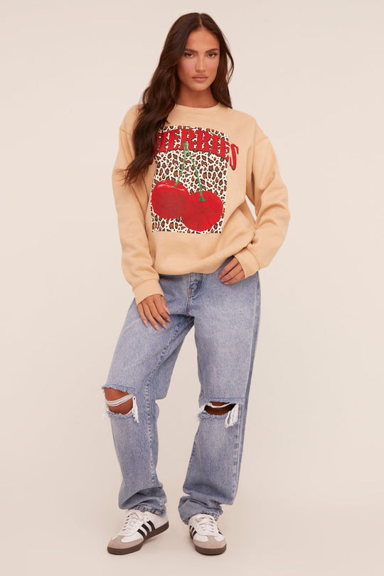 Beige Cherry Print Oversized Sweatshirt - Kellin