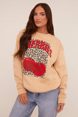 Beige Cherry Print Oversized Sweatshirt - Kellin