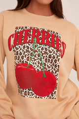Beige Cherry Print Oversized Sweatshirt - Kellin