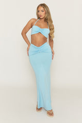 Blue Bar Detail Ruched Halterneck Crop Top And Maxi Skirt Co-Ord Set - Hensan