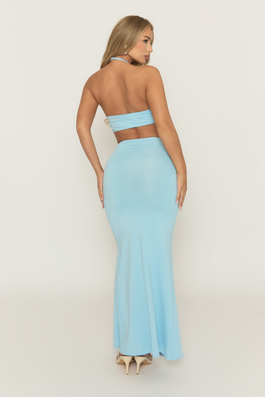Blue Bar Detail Ruched Halterneck Crop Top And Maxi Skirt Co-Ord Set - Hensan