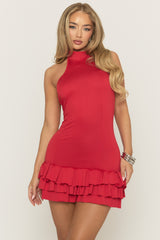 Red Racer Neck Frill Hem Mini Dress - Kesiah