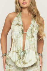 Green Multi Abstract Print Plunge Cowl Top & Micro Short Co-ord Set - Kayden