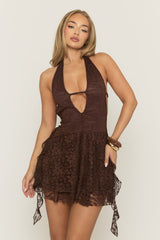 Chocolate Lace Plunge Halterneck Mini Dress - Brynlee