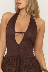 Chocolate Lace Plunge Halterneck Mini Dress - Brynlee